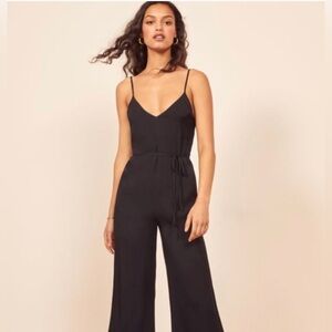 REFORMATION Satin Jumpsuit Spaghetti Strap V Backless Relaxed Cropped Leg Black